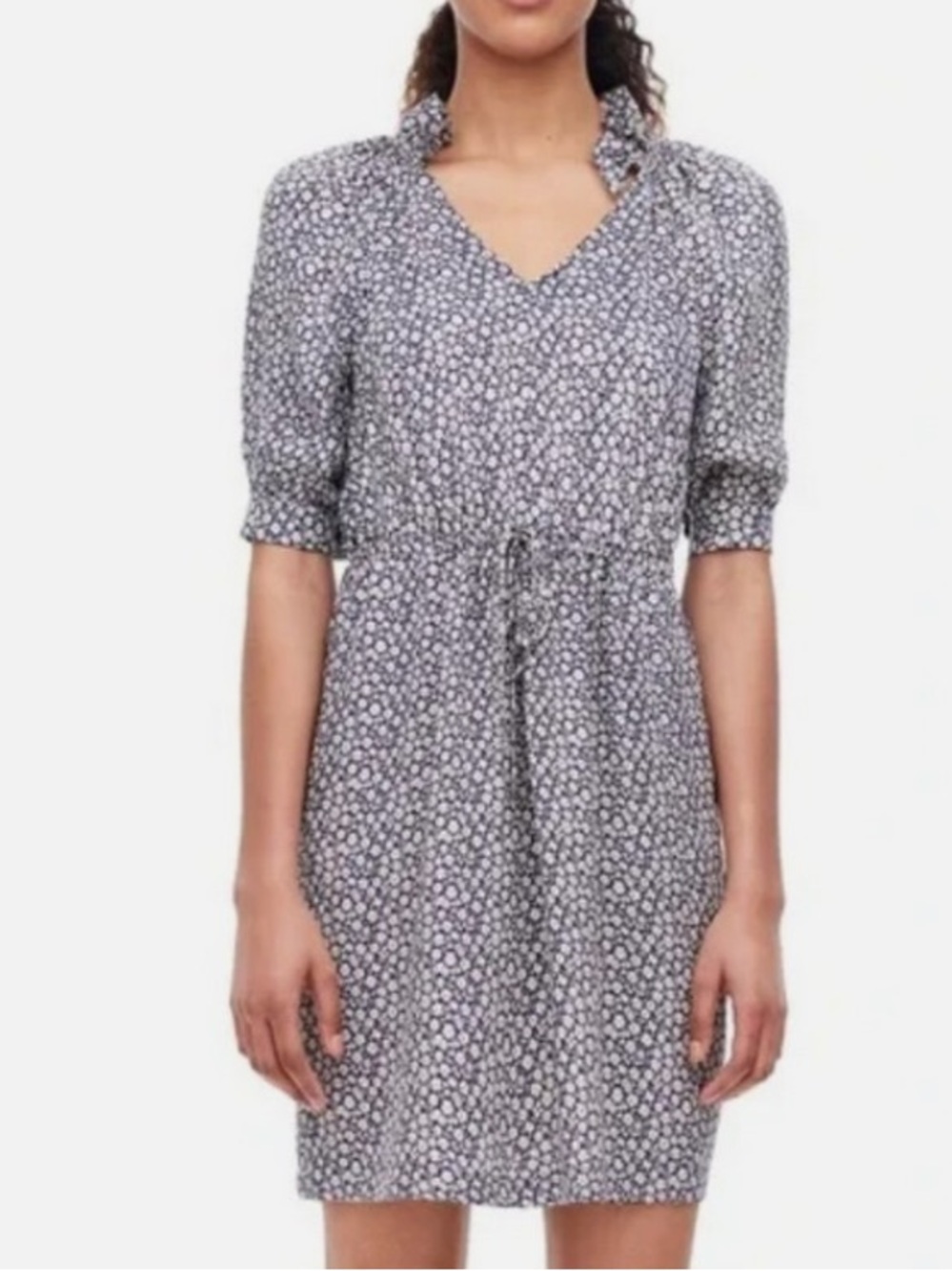 Rebecca Taylor Blue Floral Lauren Silk Shift Dress Ruched Neck Short sleeve Sz 6
